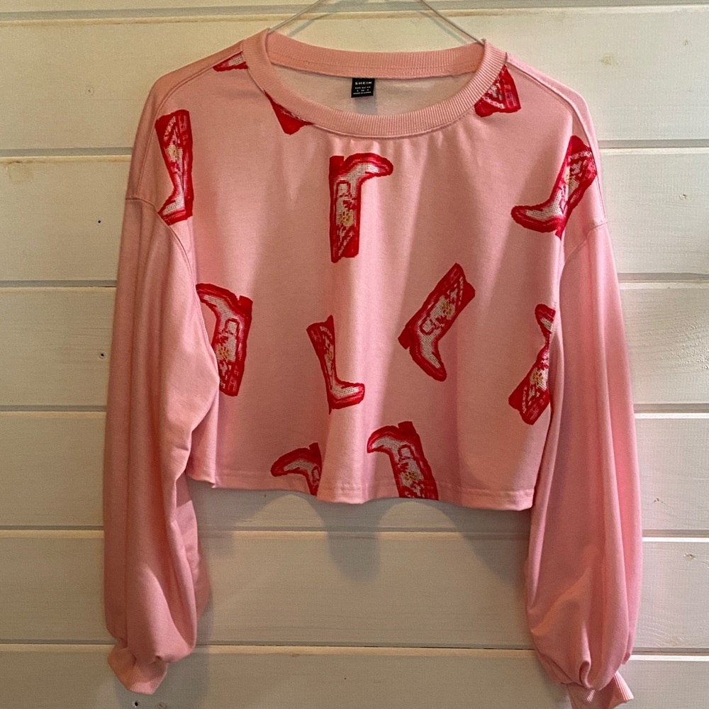 SHEIN Pink and Red Crop Top with Boot Print